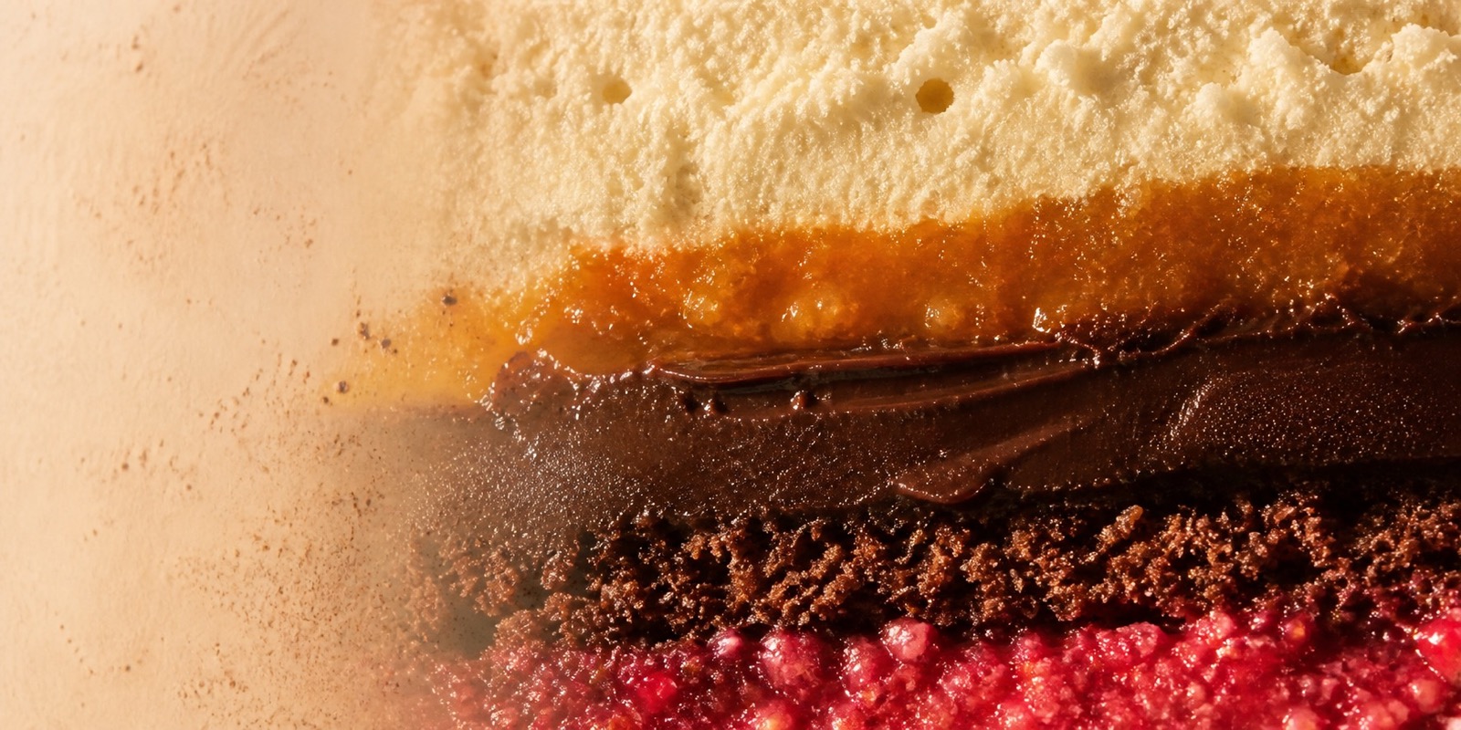 Close-up of a layered CRMY dessert.